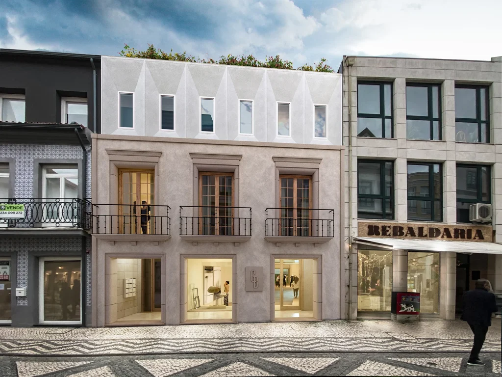 Render 3D da fachada do Edifício Galeria Borges. Design contemporâneo de imóveis T1 e Duplex no centro de Aveiro.