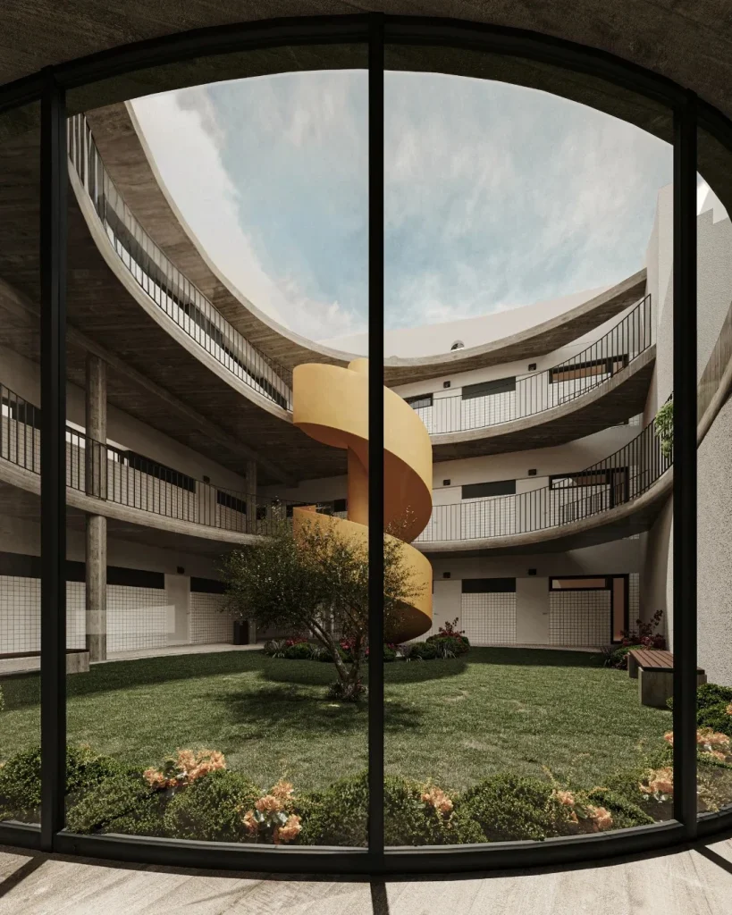 Escada exterior em caracol a ligar o apartamento ao jardim privado da Casa Lusitana. Solução de arquitetura para acesso exterior