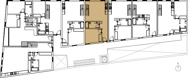 Planta de localização da Fração T2 Duplex no Piso 1 do Visconde da Granja, Aveiro. Mostra o posicionamento da unidade no edifício e a disposição em relação às áreas comuns e elevadores.