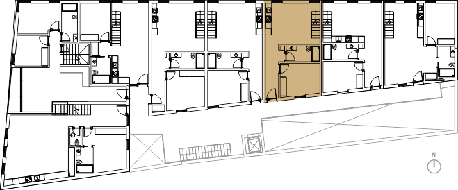 Planta de localização da Fração T2 Duplex no Piso 1 do Visconde da Granja, Aveiro. Mostra o posicionamento da unidade no edifício e a disposição em relação às áreas comuns e elevadores.