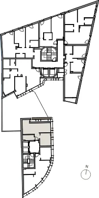 Planta geral de localização do apartamento T1 ES no Piso 4 do Empreendimento Lumínea, em Aveiro. Vista aérea das tipologias por piso.