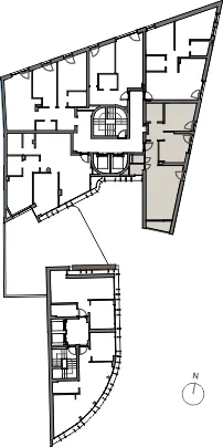Planta geral de localização das frações T2 DN, IN e NN nos Pisos 2, 3 e 4 do Lumínea, em Aveiro. Vista aérea das tipologias T2 no edifício.